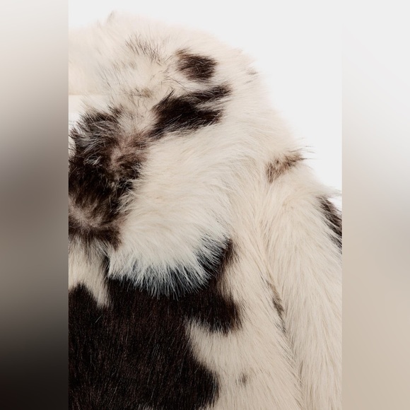 Zara Faux Fur Cropped Jacket White with Brown Spots Cow Print Coat - Picture 3 of 5